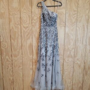 Park108 Silver Gray One Shoulder Sequin Illusion Chiffon Maxi Gown Dress Size 4